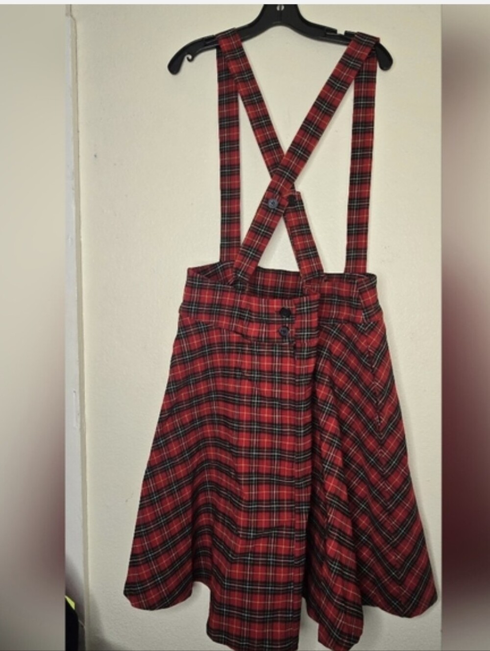 UNIQUE VINTAGE 1960's Style Red Plaid Suspenders Ruth Flare Skirt - Picture 10 of 14